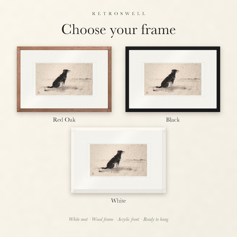 Frame options for Dog Gazing at the Sea Xieyi Ink: Red Oak, black and white wood frames, each with a white mat.
