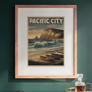 Pacific City Oregon Surf Travel Poster print in a Red Oak frame with a white mat, hanging above the desk in a green study.
