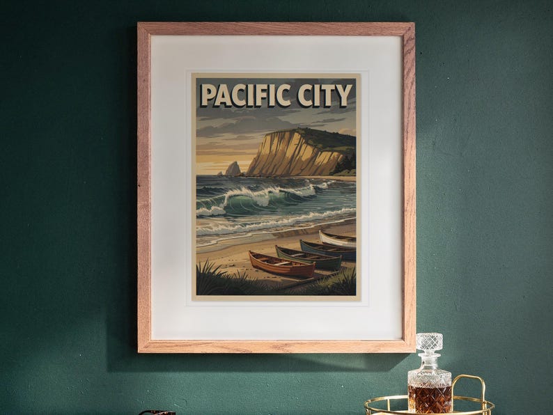 Pacific City Oregon Surf Travel Poster print in a Red Oak frame with a white mat, hanging above the desk in a green study.