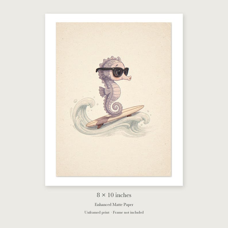 Seahorse Surfing unframed 8 by 10 inch print on enhanced matte paper, shown with its white paper border.