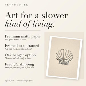 RetroSwell print details for Seashell Line: premium 189 g/m² matte paper, framed or unframed, oak hanger option, free US shipping.