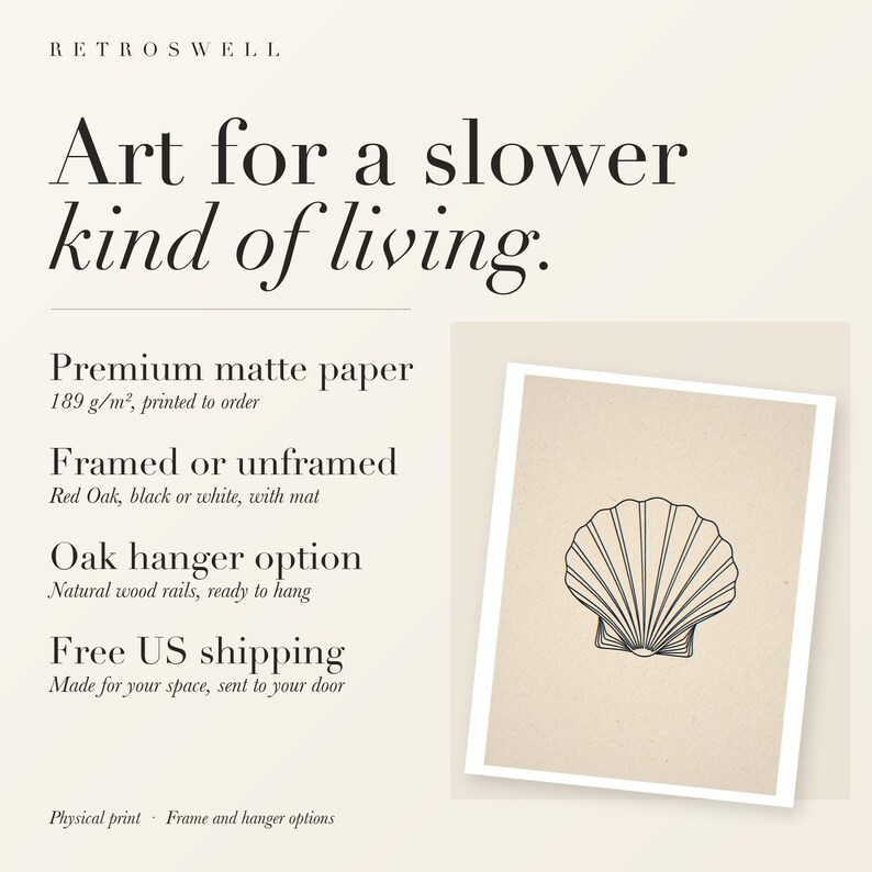 RetroSwell print details for Seashell Line: premium 189 g/m² matte paper, framed or unframed, oak hanger option, free US shipping.