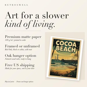 RetroSwell print details for Cocoa Beach Surf: premium 189 g/m² matte paper, framed or unframed, oak hanger option, free US shipping.