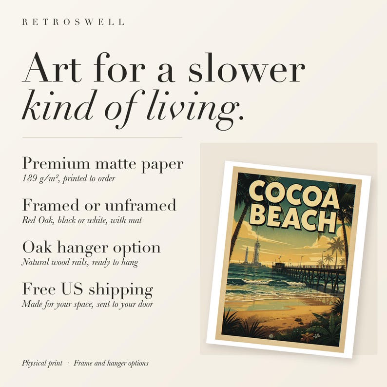 RetroSwell print details for Cocoa Beach Surf: premium 189 g/m² matte paper, framed or unframed, oak hanger option, free US shipping.