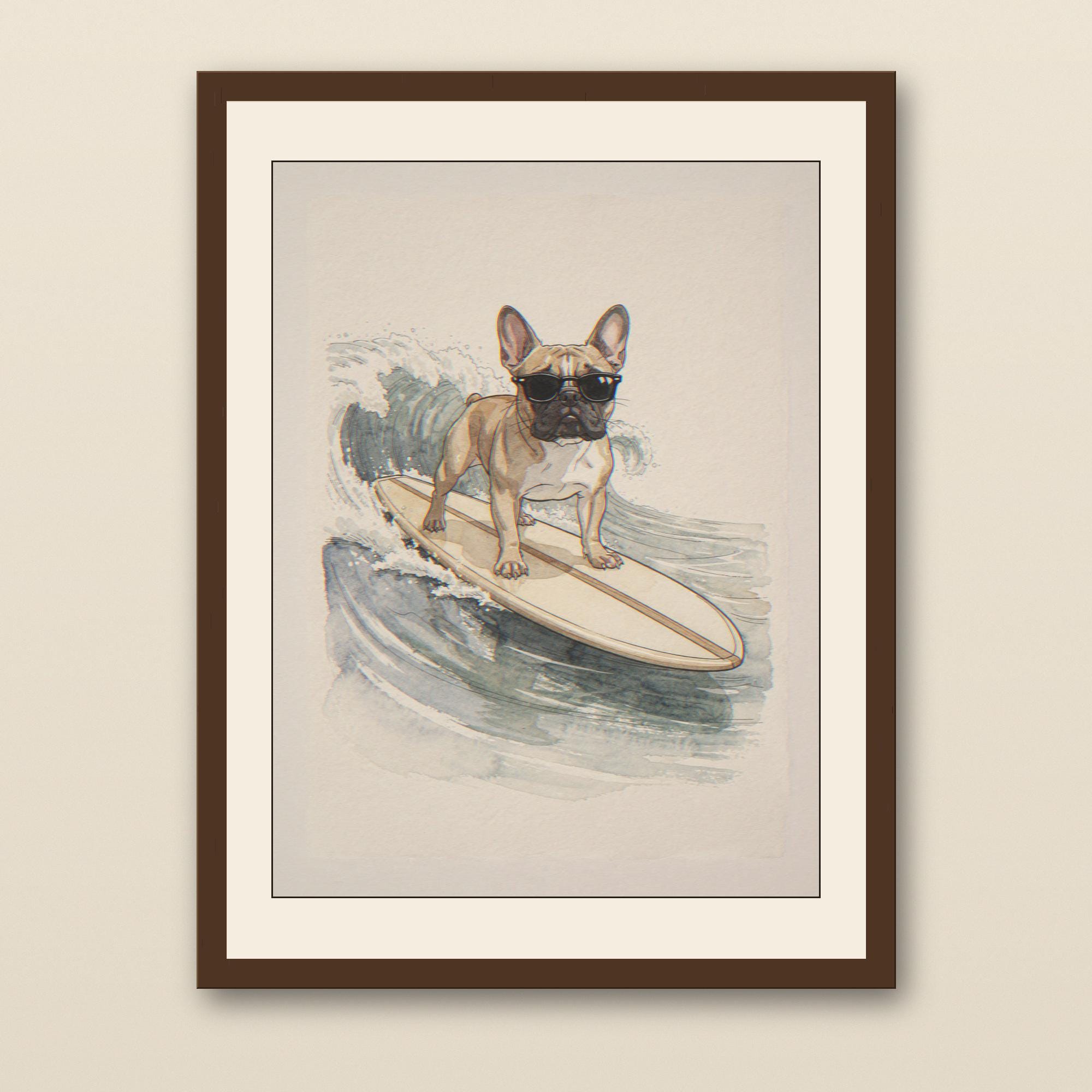 French Bulldog Surfing Print - walnut framed art print with cream mat on plaster wall