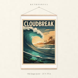 Cloudbreak Surf oak hanger poster, 24 by 36 inches, with natural wood rails and a hanging cord.