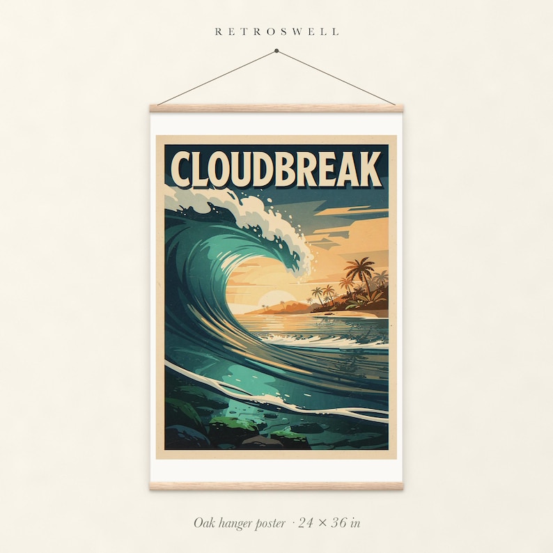Cloudbreak Surf oak hanger poster, 24 by 36 inches, with natural wood rails and a hanging cord.