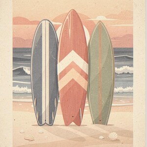 Lámina decorativa infantil con diseño de tabla de surf, enmarcada o sin enmarcar. Póster retro playero para habitación de bebé. imagen 10
