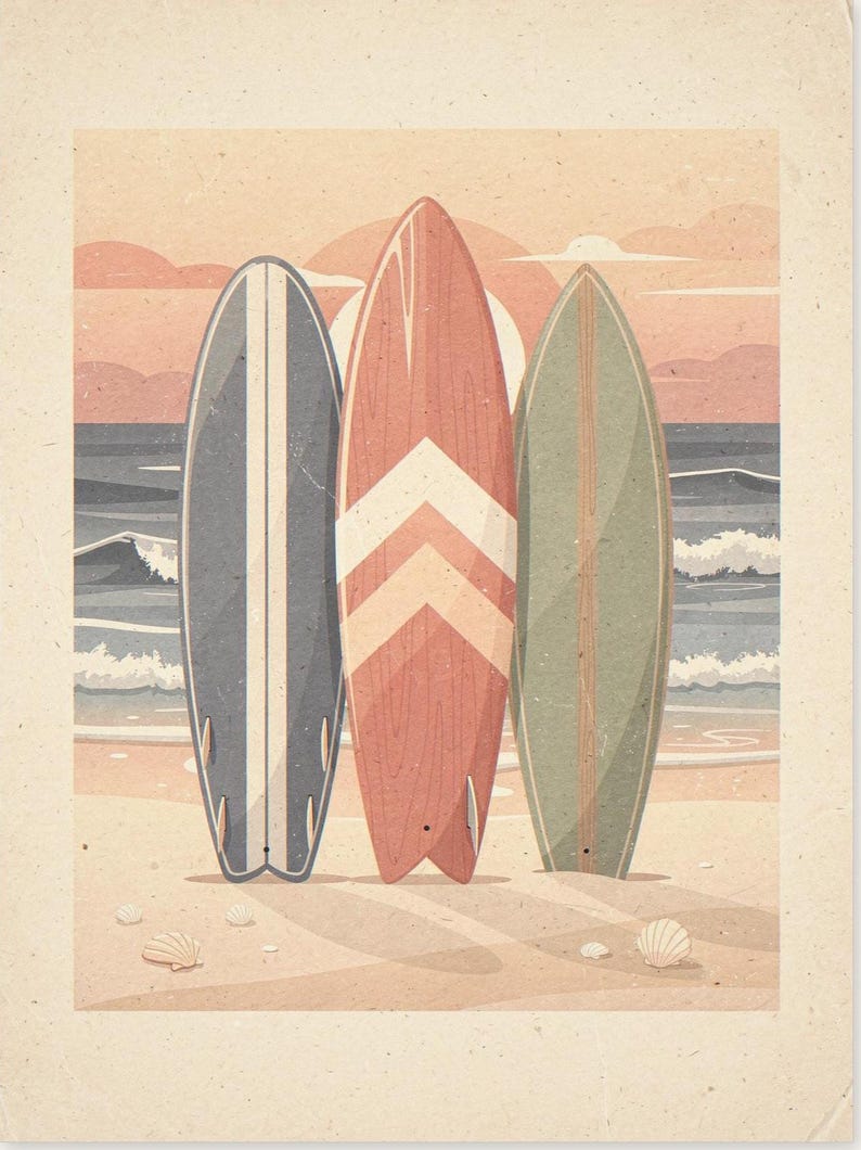 Lámina decorativa infantil con diseño de tabla de surf, enmarcada o sin enmarcar. Póster retro playero para habitación de bebé. imagen 10