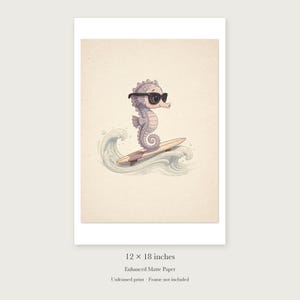 Seahorse Surfing unframed 12 by 18 inch print on enhanced matte paper, shown with its white paper border.
