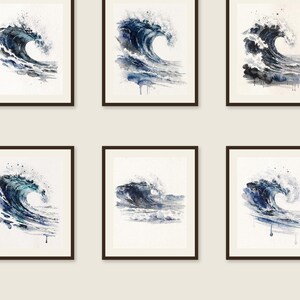 Watercolor Wave Art Set of 6, Indigo Ocean Gallery Wall Prints, Navy Coastal Beach House Decor, Printable Wall Art Digital Download image 1