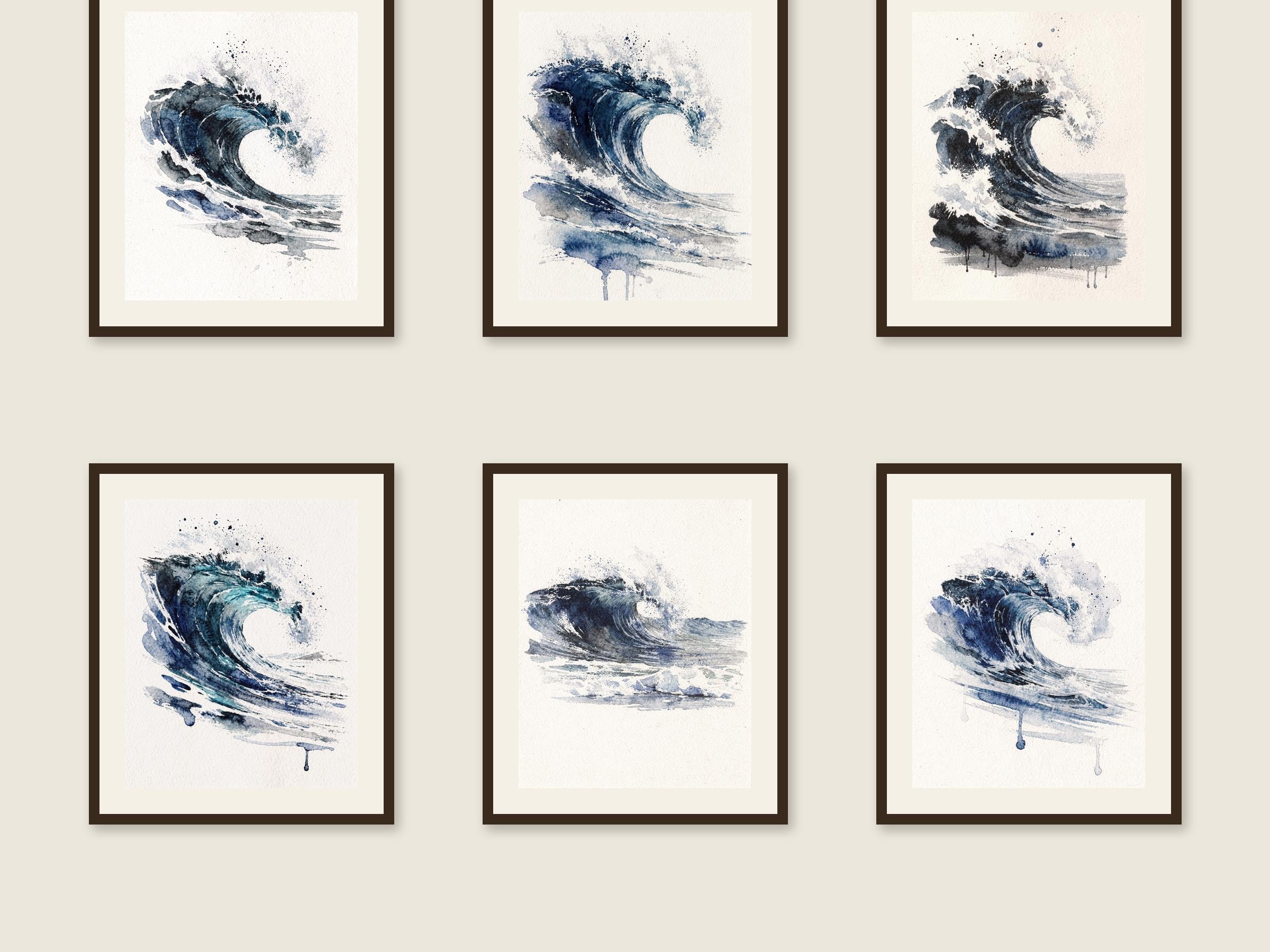 Watercolor Wave Art Set of 6, Indigo Ocean Gallery Wall Prints, Navy Coastal Beach House Decor, Printable Wall Art Digital Download