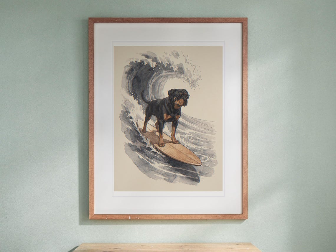 Rottweiler Surfing print in a Red Oak frame with a white mat, hanging above the desk in a kids' room.