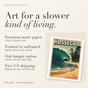 RetroSwell print details for Hossegor Surf: premium 189 g/m² matte paper, framed or unframed, oak hanger option, free US shipping.
