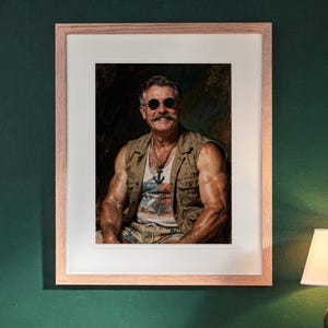 Teddy Roosevelt print in a Red Oak frame with a white mat, hanging above the sideboard in a green study.