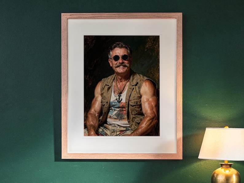 Teddy Roosevelt print in a Red Oak frame with a white mat, hanging above the sideboard in a green study.