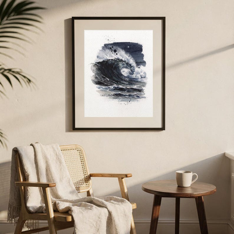 Moonlit Wave Watercolor Print, Night Ocean Wall Art, Indigo Coastal Decor, Moon Wave Painting, Printable Wall Art Digital Download image 8