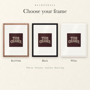 Frame options for Tide Chaser Patch: Red Oak, black and white wood frames, each with a white mat.