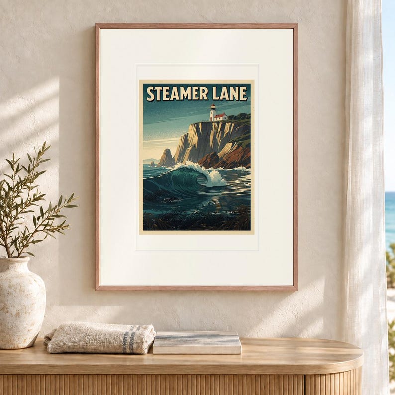 Steamer Lane Surf-Reiseposter, gerahmt oder ungerahmt, Vintage-Stil, Küstenmotiv Bild 12