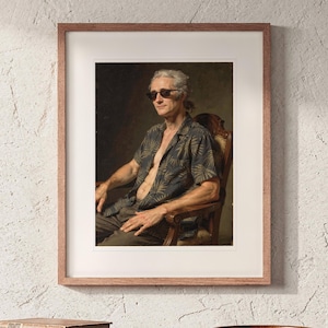 Alexander Hamilton Surfer printable art, shown printed in a Red Oak frame with a white mat, hanging above the credenza in a mid-century living room.