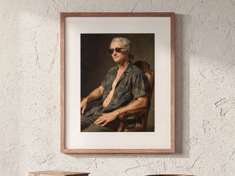 Alexander Hamilton Surfer printable art, shown printed in a Red Oak frame with a white mat, hanging above the credenza in a mid-century living room.