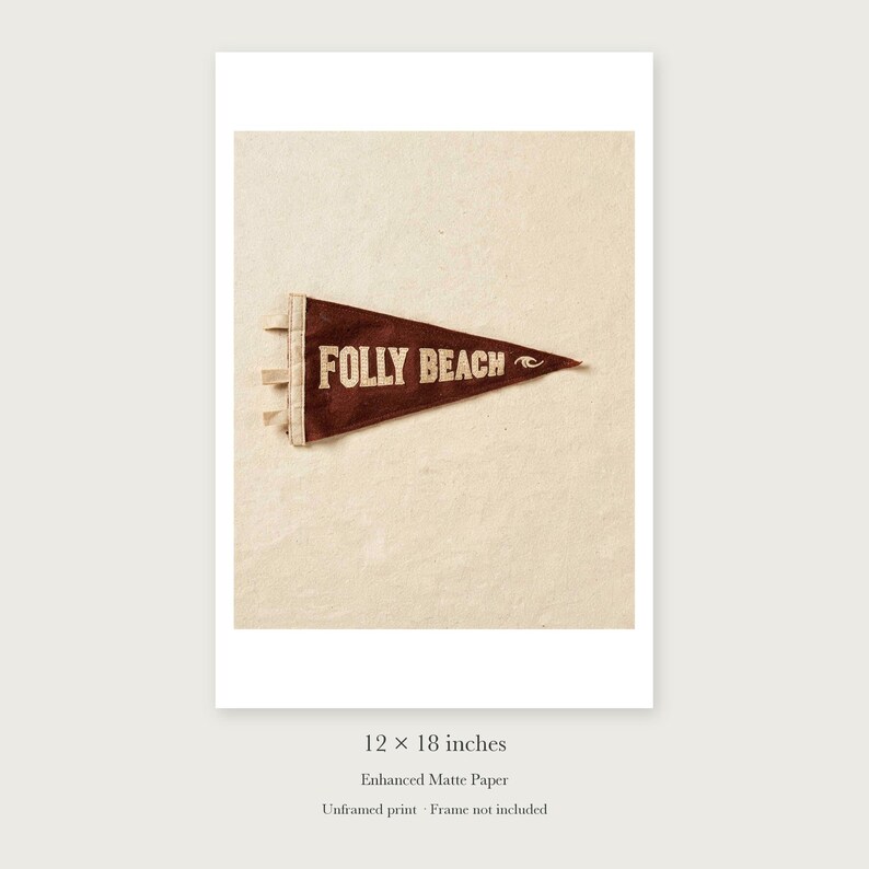 Folly Beach Surf Pennant unframed 12 by 18 inch print on enhanced matte paper, shown with its white paper border.