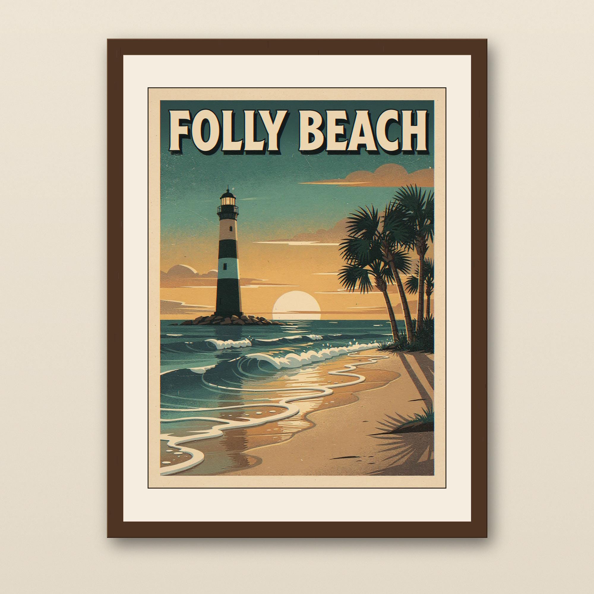 Folly Beach Surf Poster - walnut framed art print with cream mat on plaster wall
