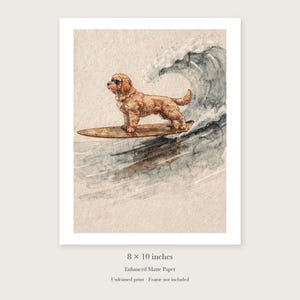 Goldendoodle Surfing unframed 8 by 10 inch print on enhanced matte paper, shown with its white paper border.