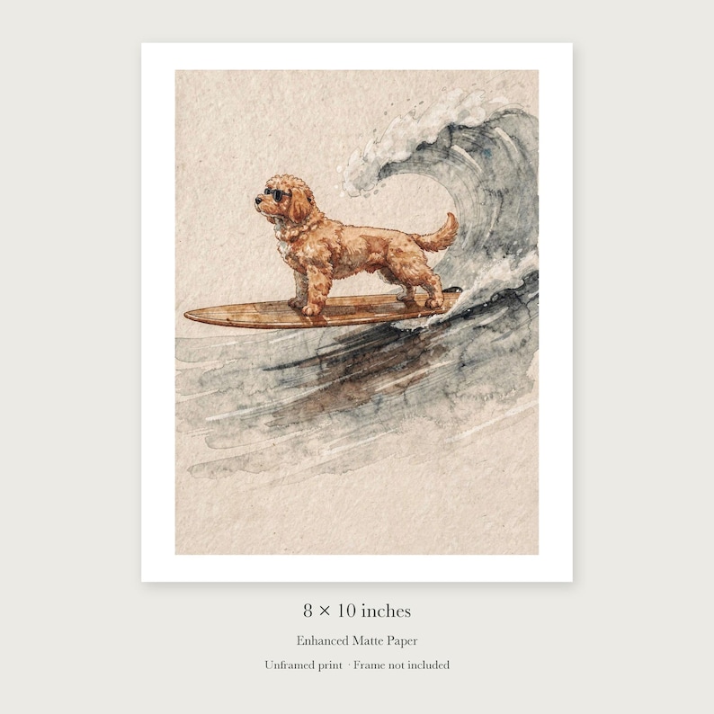 Goldendoodle Surfing unframed 8 by 10 inch print on enhanced matte paper, shown with its white paper border.