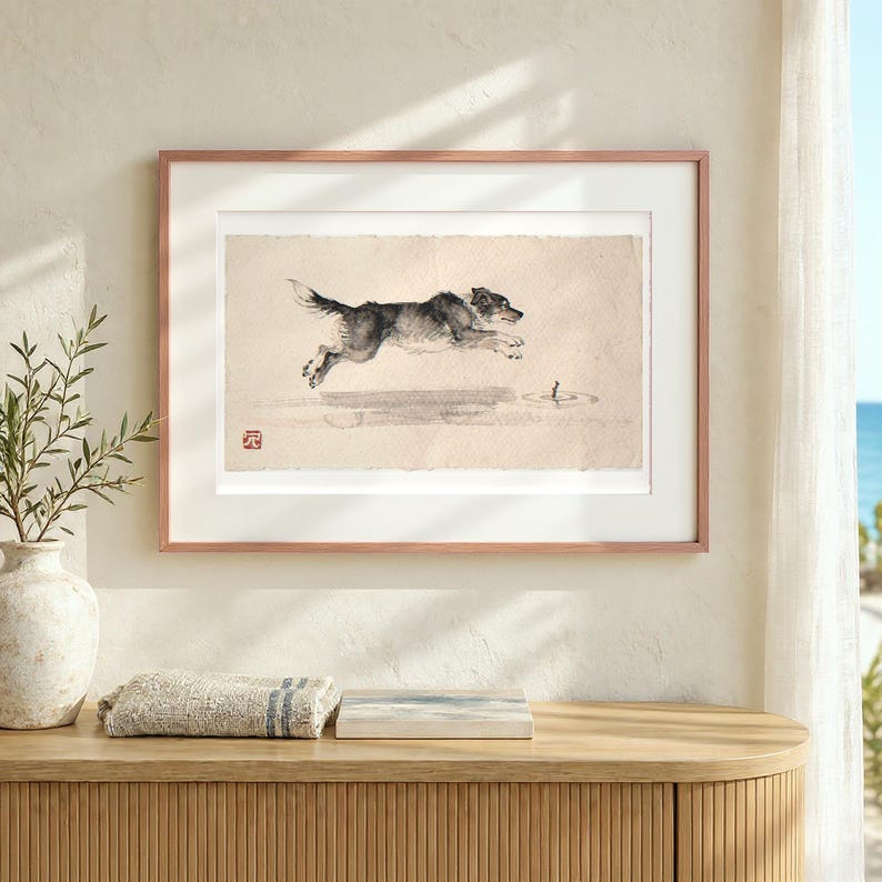 Lámina artística de Xieyi con tinta, con la imagen de un perro persiguiendo un palo. Pintura china con pincel, enmarcada o sin enmarcar. Arte mural paisajístico. imagen 12