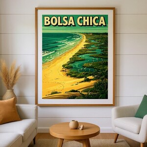 Bolsa Chica Surf Poster framed in a beach-style living room setting