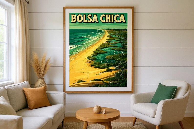 Bolsa Chica Surf Poster framed in a beach-style living room setting