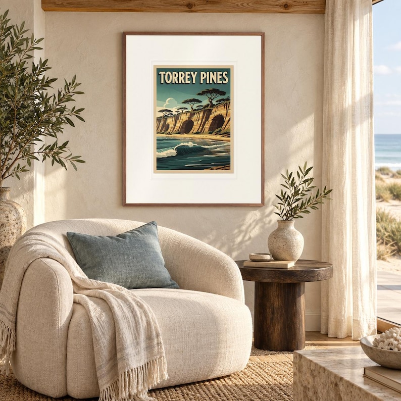 Torrey Pines Surf print in a Red Oak frame with a white mat in a light-filled coastal sitting room.