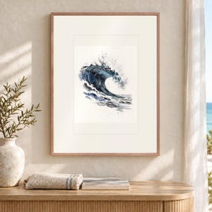 Indigo Barrel Wave Watercolor Art Print, Framed or Unframed Coastal Ocean Poster image 12