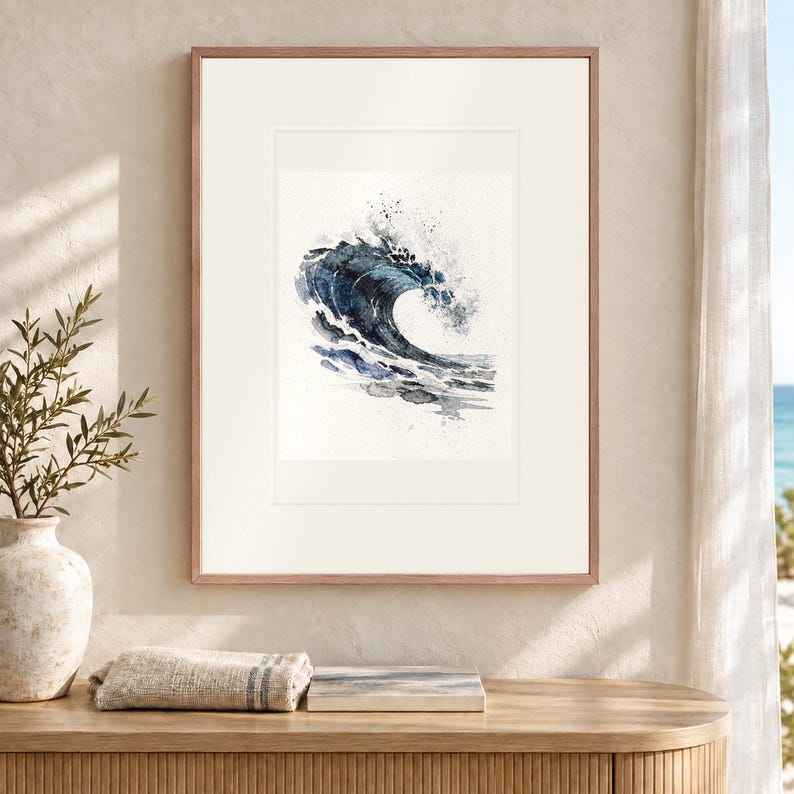 Indigo Barrel Wave Watercolor Art Print, Framed or Unframed Coastal Ocean Poster image 12