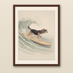 Beagle Surfing Print | Dog on Surfboard Wall Art | Printable Coastal Decor | Beach House Poster | Digital Download