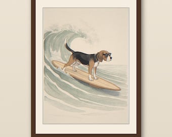 Beagle Surfing Print | Dog on Surfboard Wall Art | Printable Coastal Decor | Beach House Poster | Digital Download