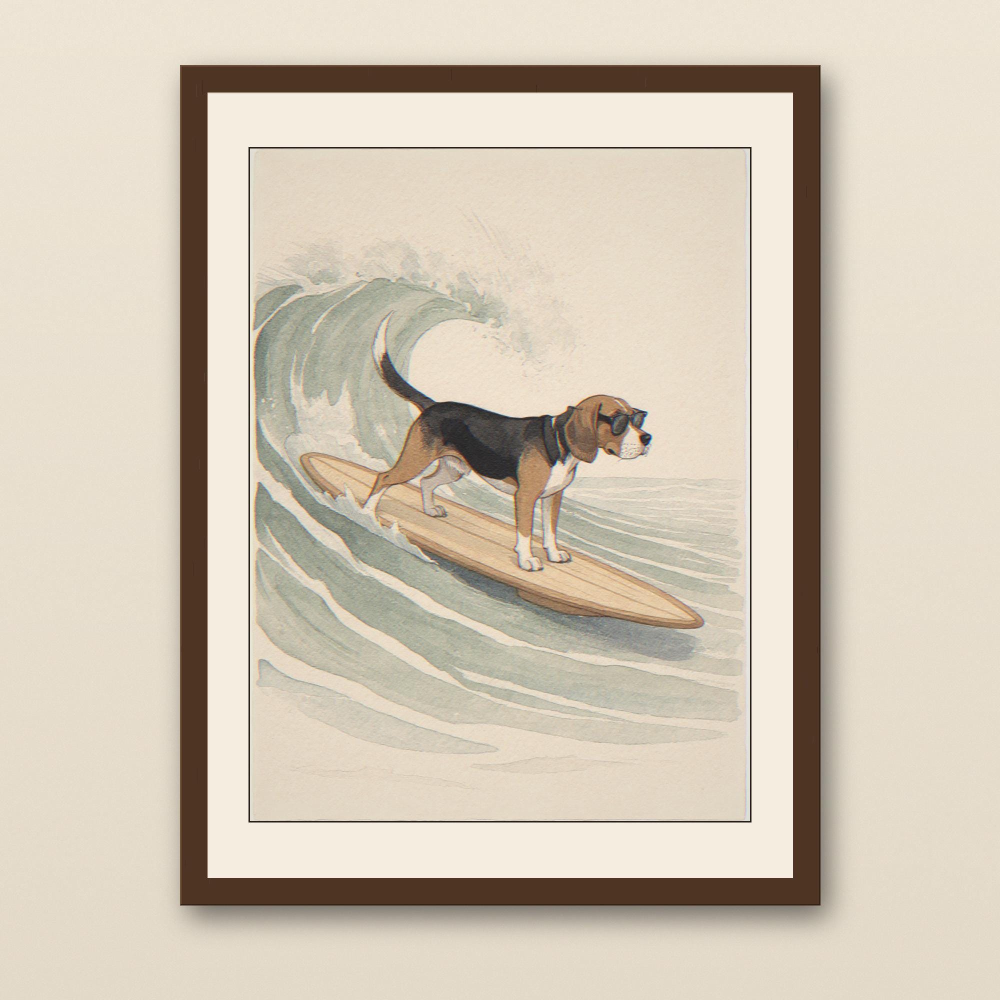 Beagle Surfing Print - walnut framed art print with cream mat on plaster wall