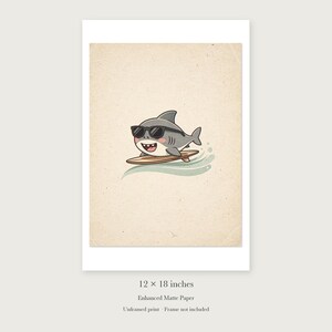 Shark Surfing unframed 12 by 18 inch print on enhanced matte paper, shown with its white paper border.