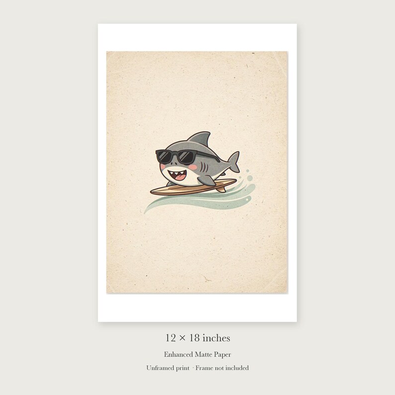 Shark Surfing unframed 12 by 18 inch print on enhanced matte paper, shown with its white paper border.