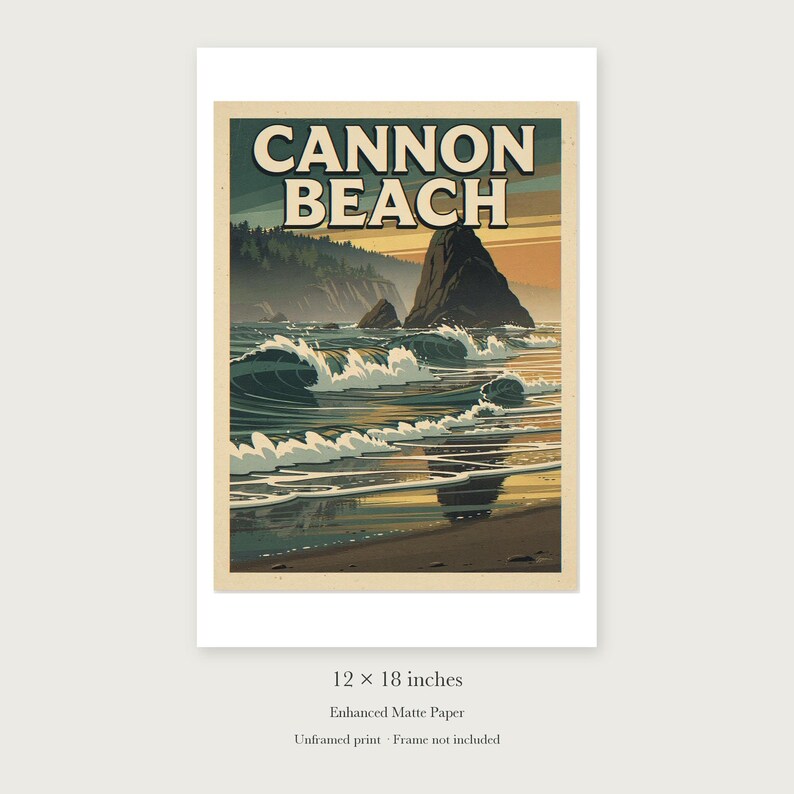 Cannon Beach Oregon Surf unframed 12 by 18 inch print on enhanced matte paper, shown with its white paper border.