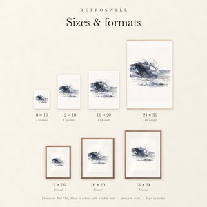 Sizes and formats for Rolling Break Wave Watercolor, shown to scale: unframed prints, oak hanger and framed prints.