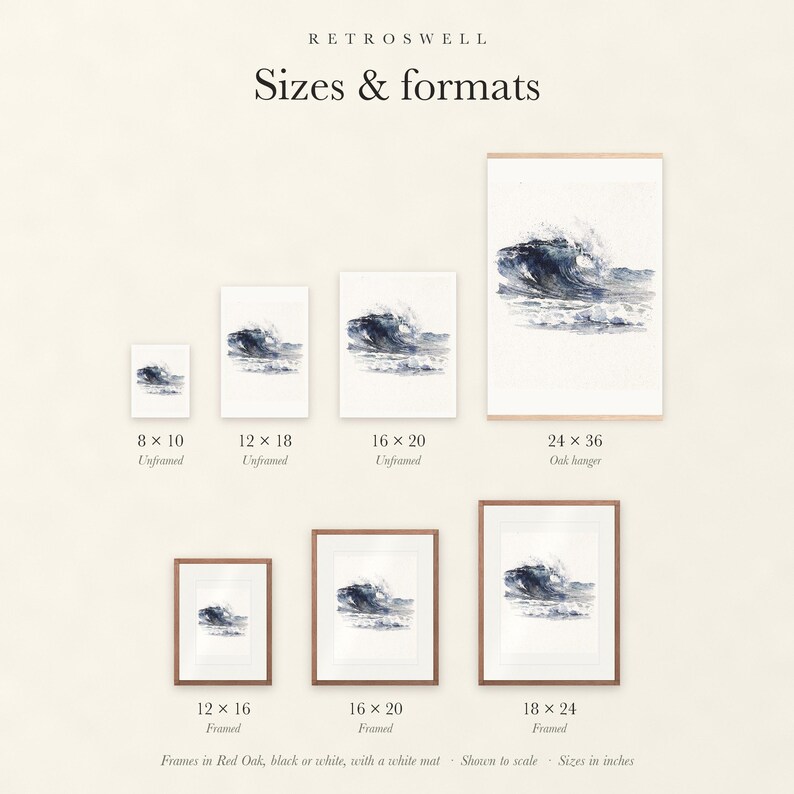 Sizes and formats for Rolling Break Wave Watercolor, shown to scale: unframed prints, oak hanger and framed prints.