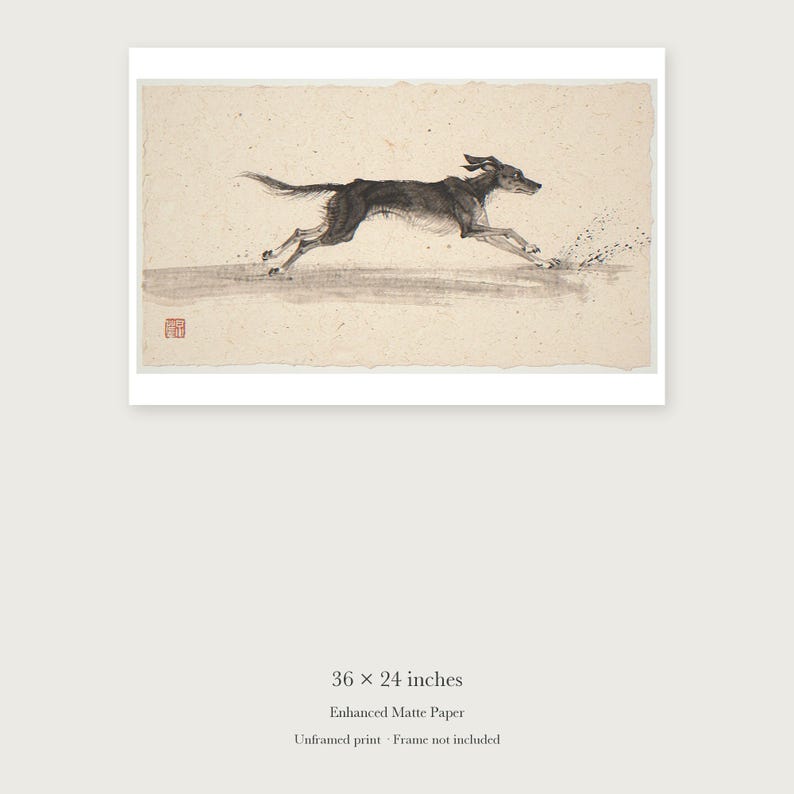 Dog Running on the Beach Xieyi Ink unframed 36 by 24 inch print on enhanced matte paper, shown with its white paper border.