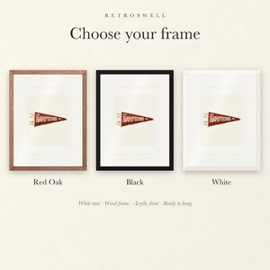 Frame options for The Hamptons, New York Surf Pennant: Red Oak, black and white wood frames, each with a white mat.