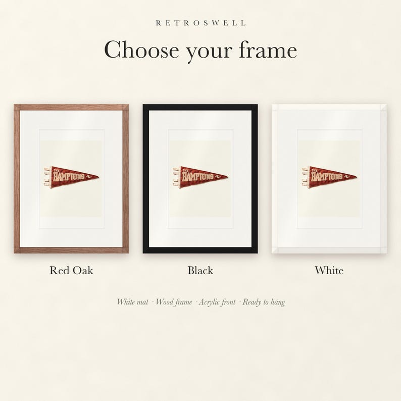 Frame options for The Hamptons, New York Surf Pennant: Red Oak, black and white wood frames, each with a white mat.