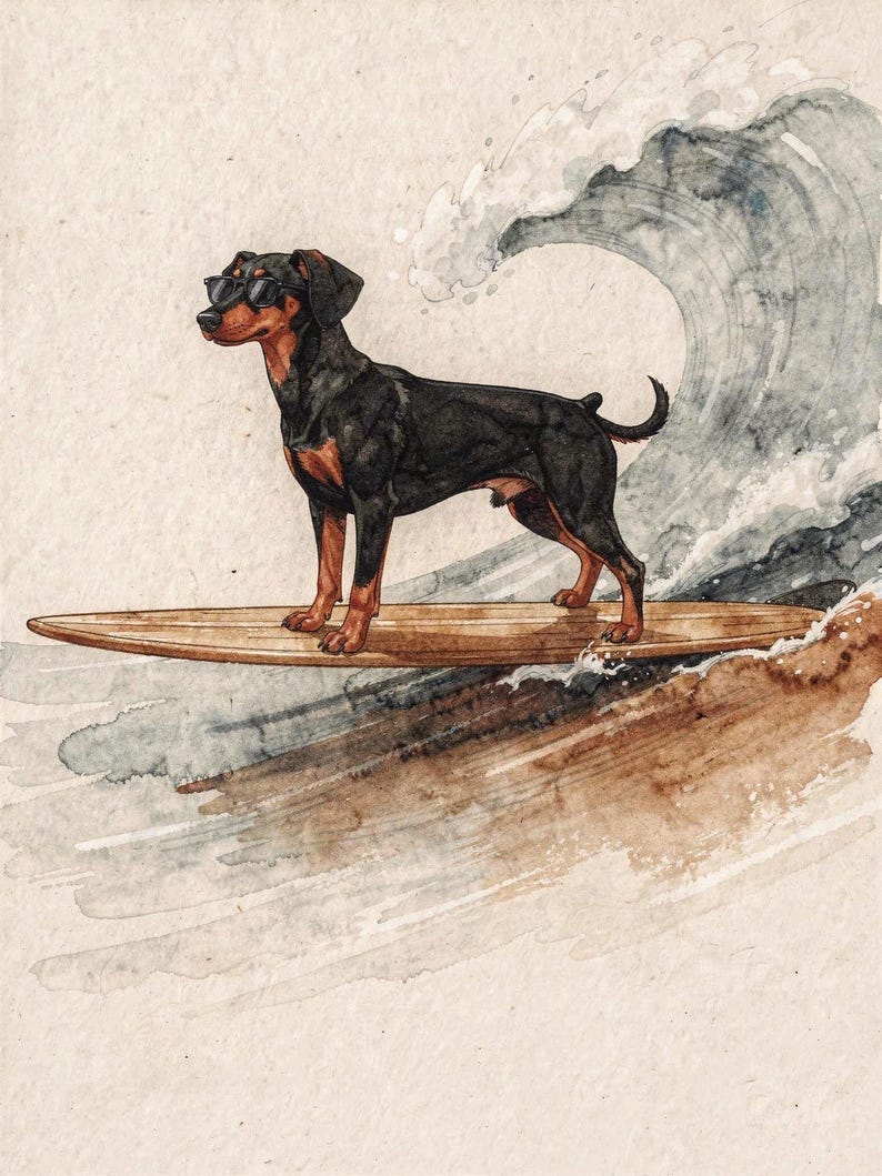 Doberman Surfing Art Print