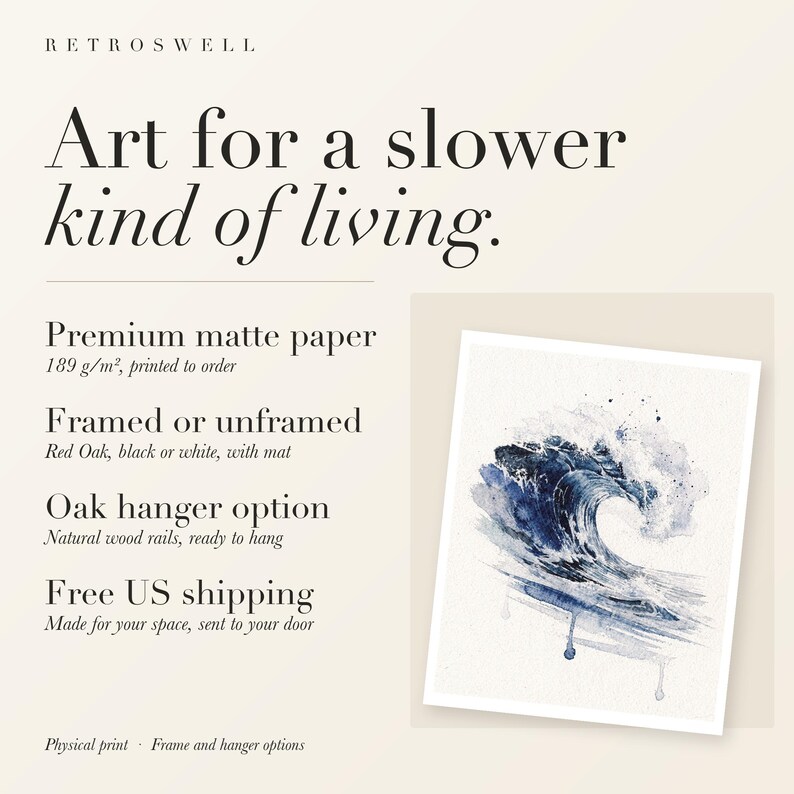 Prussian Blue Wave Watercolor Art Print, Framed or Unframed Coastal Ocean Poster image 11