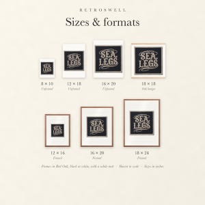 Sizes and formats for Sea Legs Patch, shown to scale: unframed prints, oak hanger and framed prints.