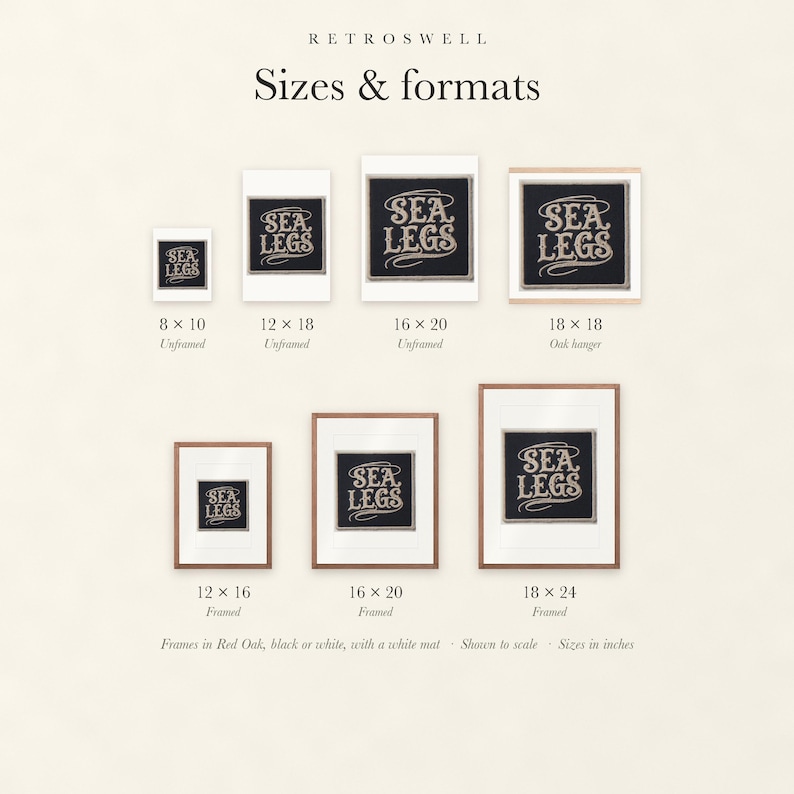 Sizes and formats for Sea Legs Patch, shown to scale: unframed prints, oak hanger and framed prints.